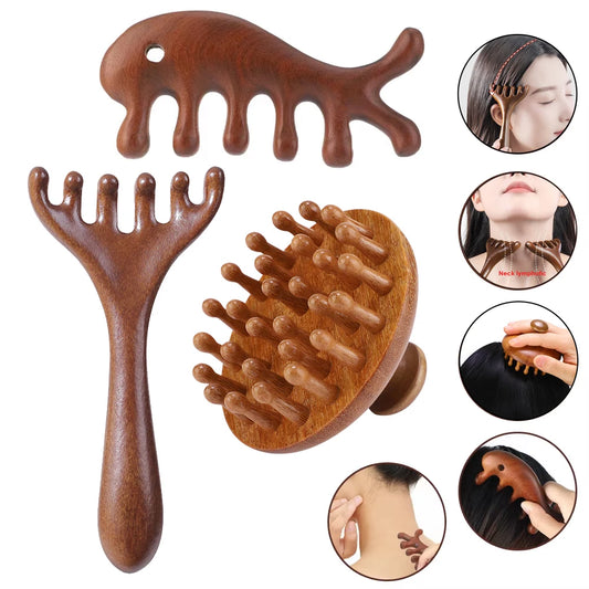 Natural Wood Gua Sha Board & Face Lift Massage Stick Sandalwood Meridian Massage Comb Health Care Set Body Physiotherapy Tools